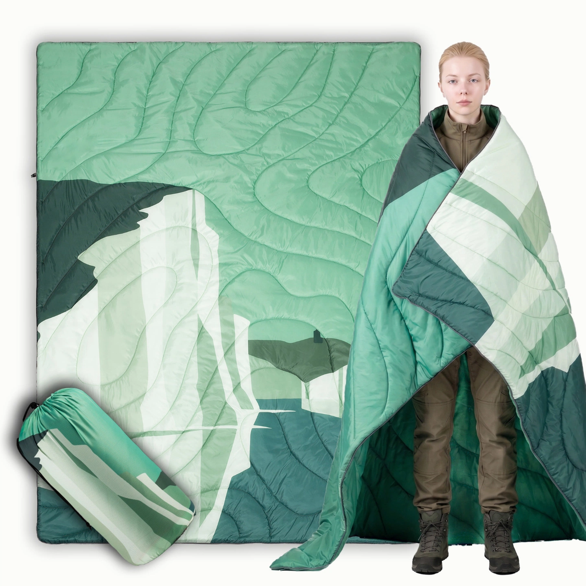 Green Mountain Lake Art Print Packable Puffy Camping Blanket, Water Resistant Quilted Outdoor Throw with Sack