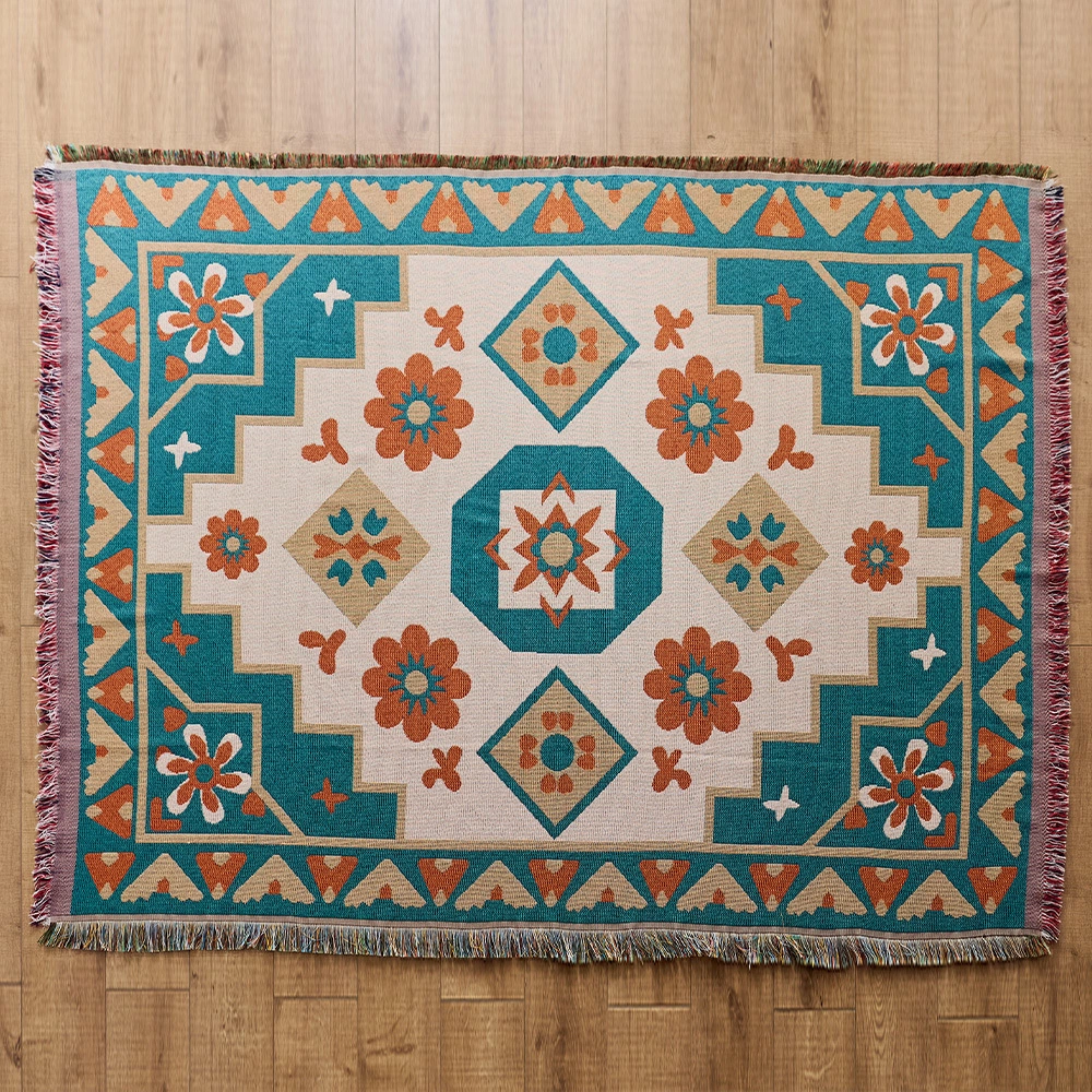 Cartoon & Art Print Woven Throw Blanket with Fringe, Multi-use Outdoor Picnic Rug Home Decor Tapestry