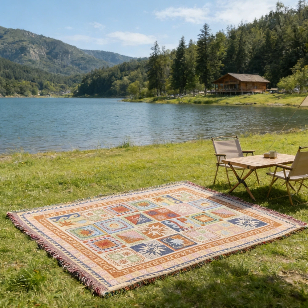 Cartoon & Art Print Woven Throw Blanket with Fringe, Multi-use Outdoor Picnic Rug Home Decor Tapestry