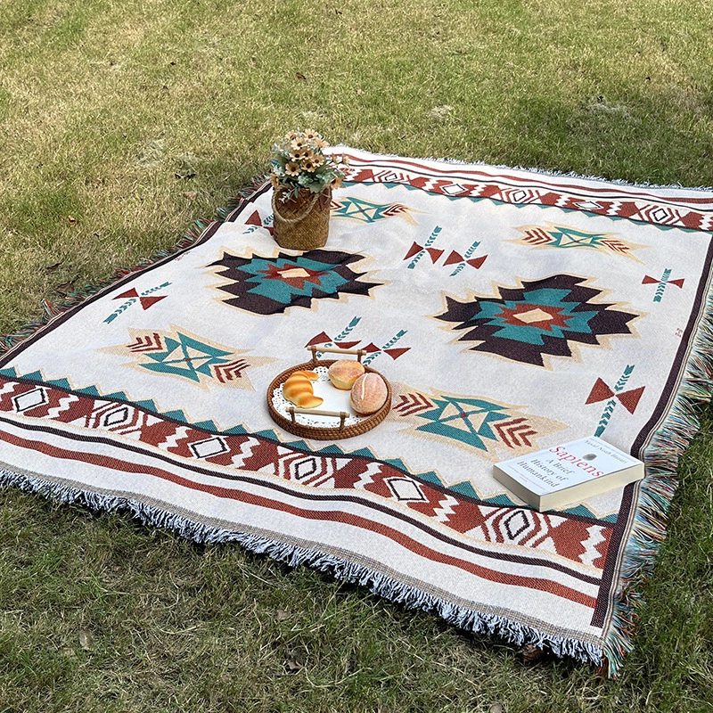 Bohemian Tassel Picnic Blanket, Boho Geometric Woven Throw Blanket for Outdoor Camping, Beach, Sofa Decor