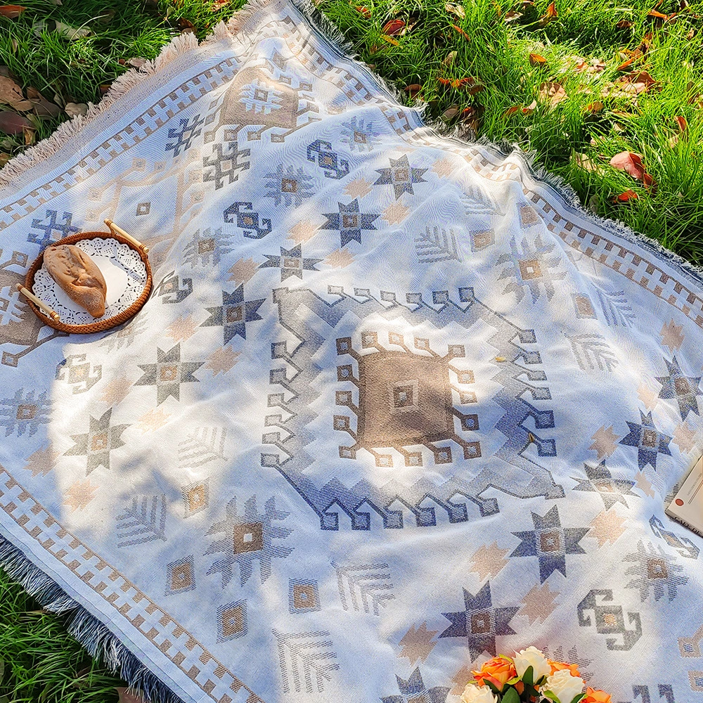 Bohemian Tassel Picnic Blanket, Boho Geometric Woven Throw Blanket for Outdoor Camping, Beach, Sofa Decor
