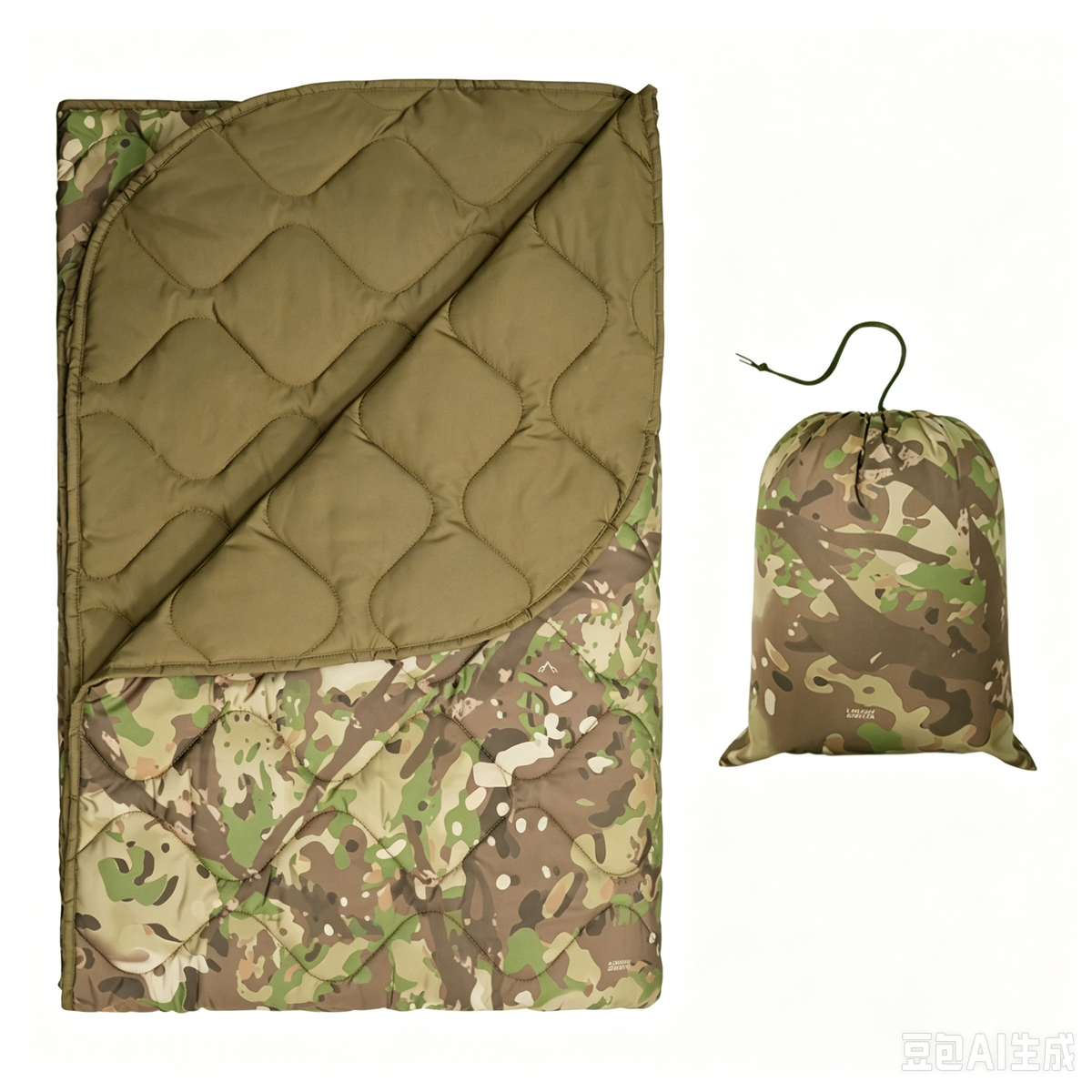 Multicam Camo Packable Puffy Camping Blanket, Reversible Quilted Outdoor Throw with Camo Storage Sack
