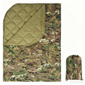 Multicam OCP Camo Packable Puffy Camping Blanket, Reversible Olive Green Quilted Outdoor Throw with Camo Sack