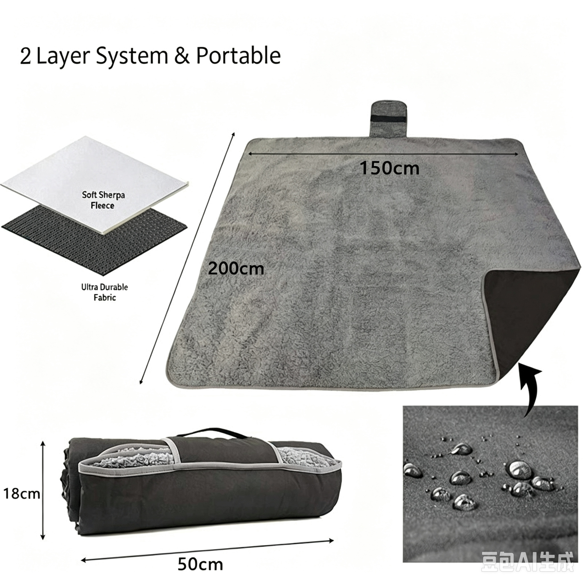 Portable Waterproof Outdoor Blanket, Thick Sherpa Lined Travel Blanket for Camping & Car Use
